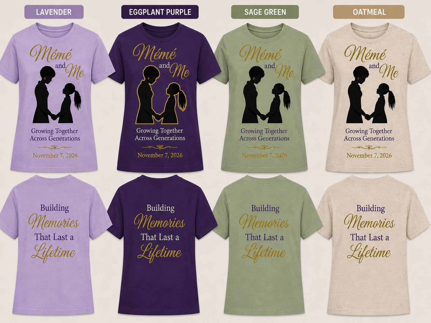 Mémé and Me Conference T-shirt colors: lavender, eggplant purple, sage green, and oatmeal, shown front and back