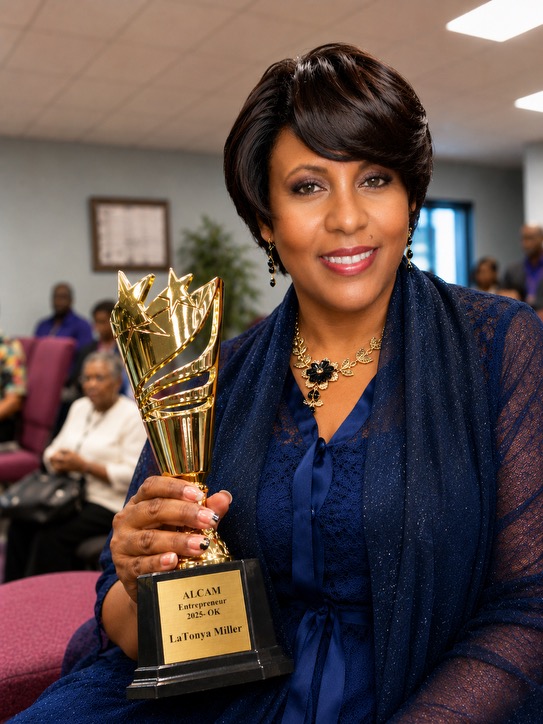 LaTonya Miller holding the ALCAM Entrepreneur 2025 Oklahoma award